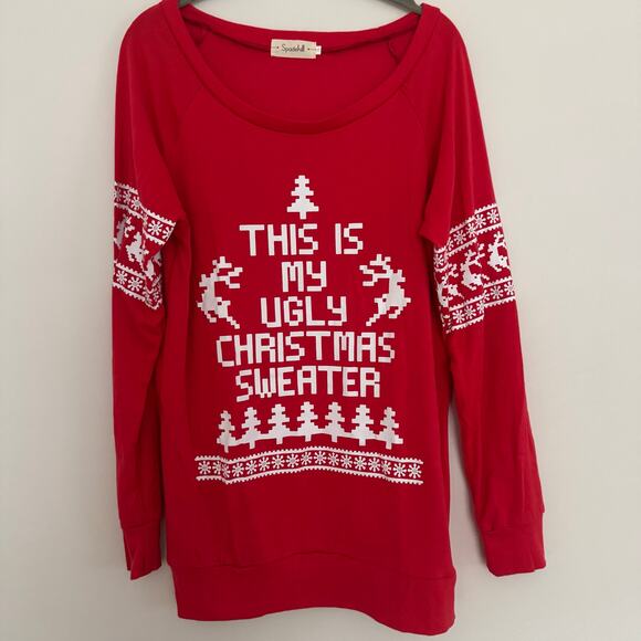 Spadehill ‘This is My Ugly Christmas Sweater’ Long Sleeve Top in Red - Picture 2 of 6